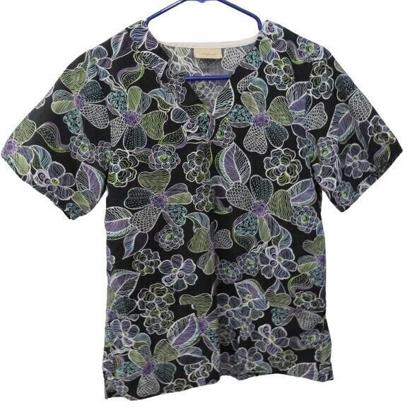 Black Tafford Scrub Top Women XS Green and Blue Floral Design, Large Pockets - Picture 1 of 8